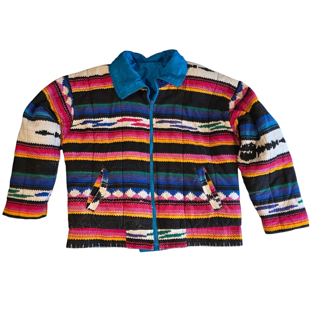 Vintage Reversible Southwestern Quilted Bomber Jacket Turquoise Multi Color